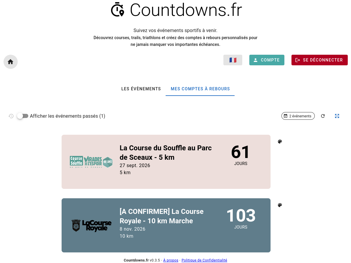 Interface countdowns.fr, liste des comptes à rebours d'événements sportifs